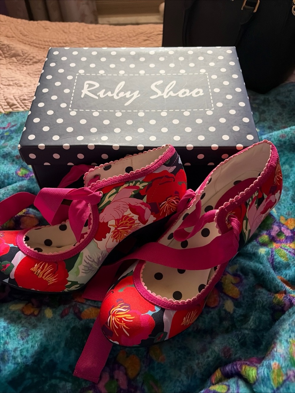 Retro “Ruby Shoo” Pumps - Pink Floral w/ Ribbon Tie - Size 9